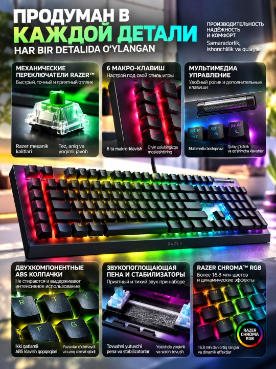 Механическая клавиатура Razer BlackWidow V4 X, RGB, 6 макро-клавиш
