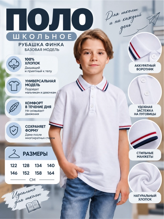 Футболка-поло с коротким рукавом, финка для мальчиков, для школы и спорта - 