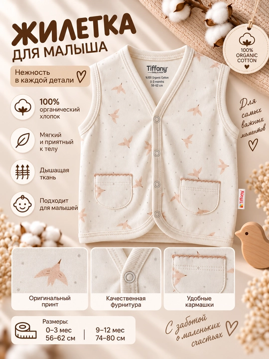 Детский органический жилет Tiffany Baby «Bird Theme» с карманами, экрю - 