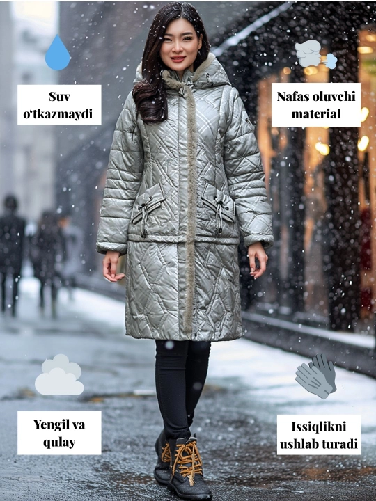 Ayollar uchun uzun kurtka, xolofayber, kapyushonli, mo‘ynali, yo‘l-yo‘l, Xitoy, qishki