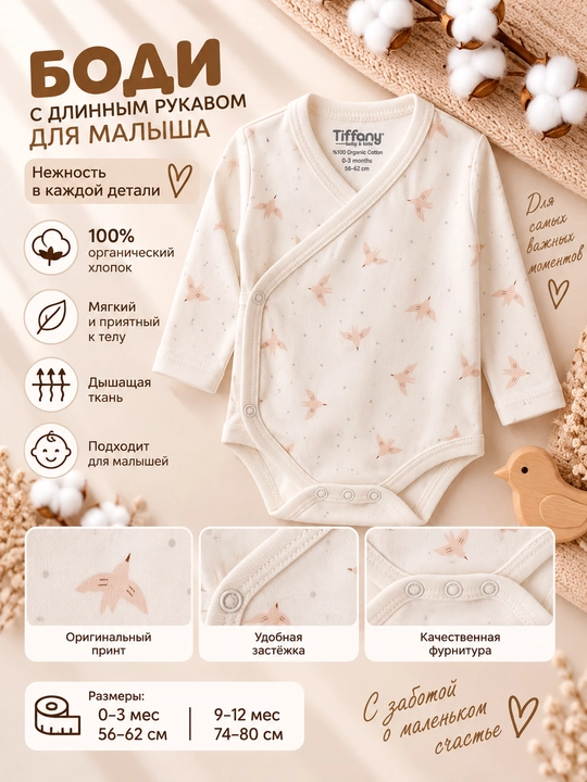 Bolalar uchun Tiffany Baby Organic "Bird Theme" bodisi, xushbo‘y hidli va uzun yengli - 