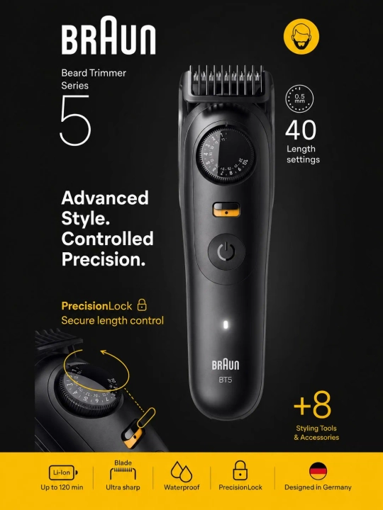 Триммер для бороды Braun BT5560, электрический, регулировка длины, черный матовый