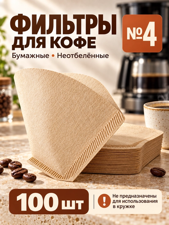 Фильтры для кофе, капельной кофеварки, №4, 100 шт, неотбеленные