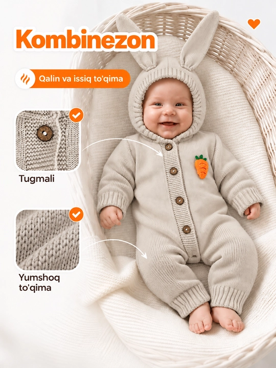 Chaqaloqlar uchun to'qima kombinezon, 0-6 oy, quloqli kapyushon, oldi tugmali, iliq - 