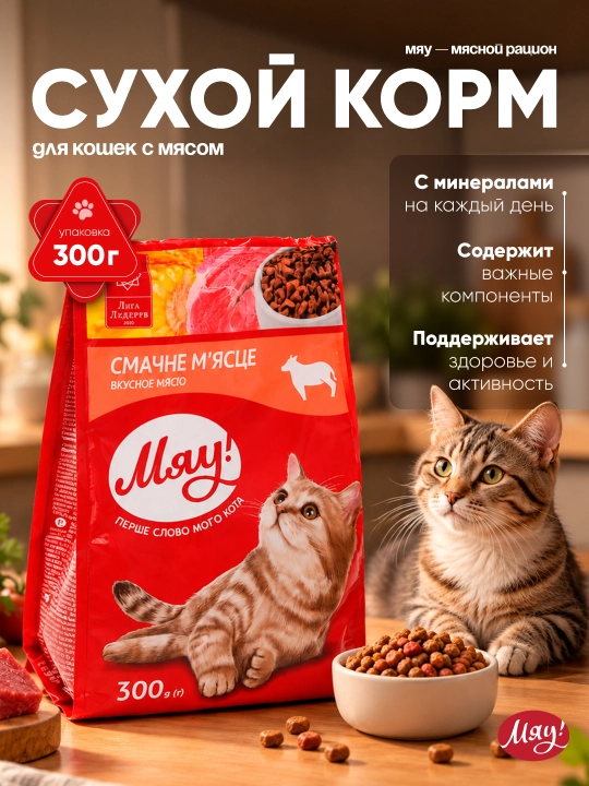 Мяу сухой корм для кошек, с мясом, 300 г