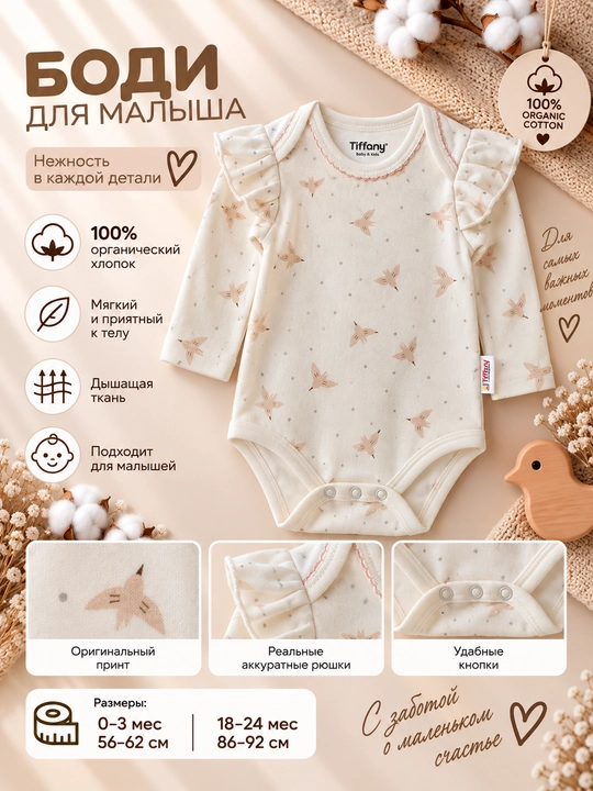 Tiffany Baby Organic «Bird Theme» qiz bolalar uchun uzun yengli, volanli bodi - 