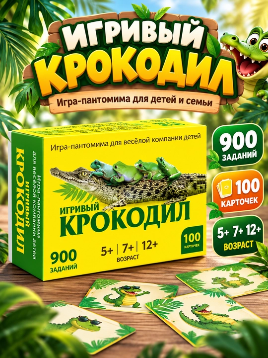 Игривый Крокодил — карточная игра-пантомима, 100 карточек, 900 заданий - 