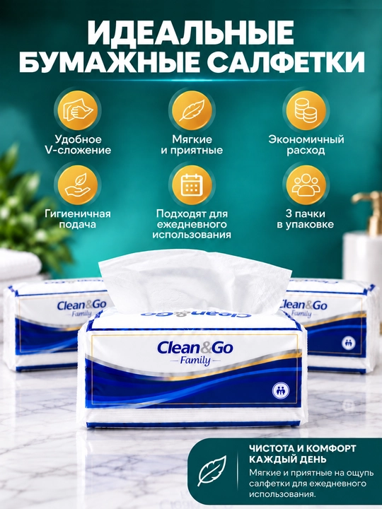 Clean&Go bir martalik salfetkalari,225 dona, 6 qatlamli, qol va tana uchun, tozalash uchun
