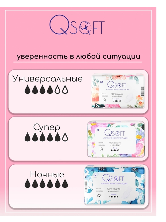 Ayollar uchun QSOFT Ultra Normal o‘ta yupqa gigiyenik prokladkalar, 4 tomchi