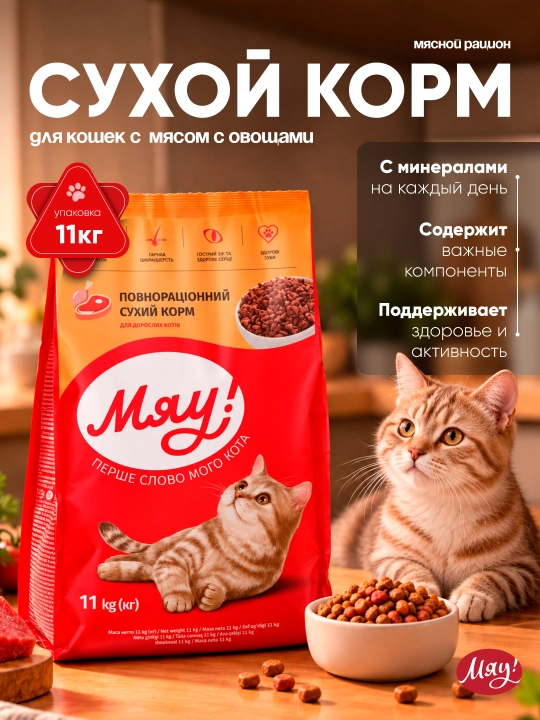 Myaу mushuklar uchun quruq yem, go‘sht va sabzavotlar bilan, 11 kg - 