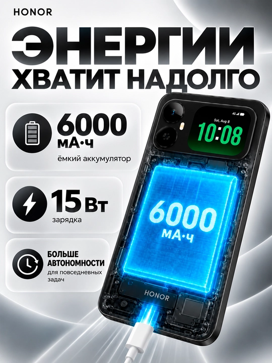 Смартфон HONOR X5es, 4/128 ГБ, 6000 мАч, экран 6,9″ 90 Гц, камера 50 МП