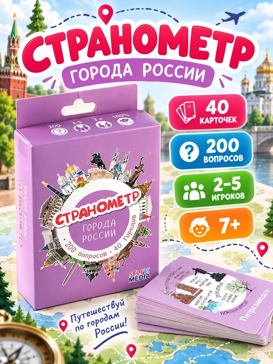 Карточная игра Странометр: Города России — викторина, 100 вопросов - 