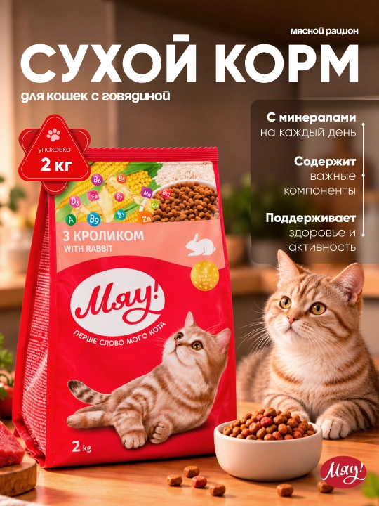 Мяу сухой корм для кошек, с говядиной, 300 г