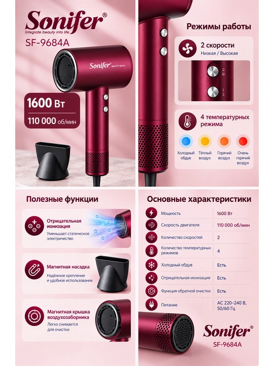 Sonifer professional soch quritgichi, cho‘tkasiz motor,110 000 ayl/min,2 ta tezlik rejimi