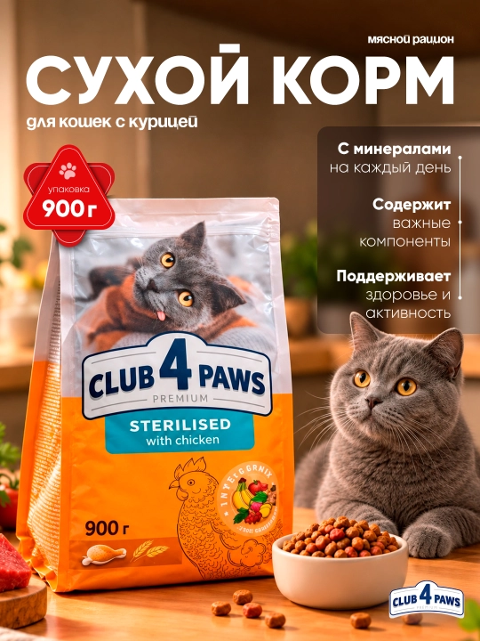 Club 4 Paws Sterilised сухой корм для кошек, с курицей, 900 г - 