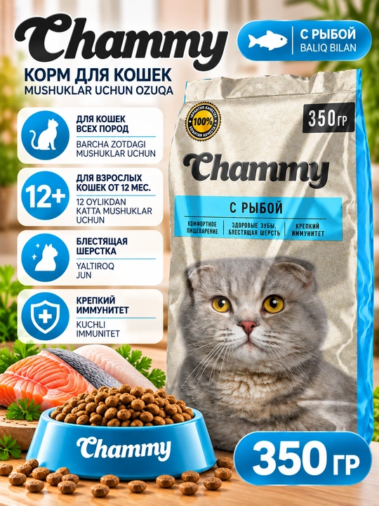 Chammy mushuklar uchun quruq yem to‘liq ratsionli baliqli, 350 gr - 