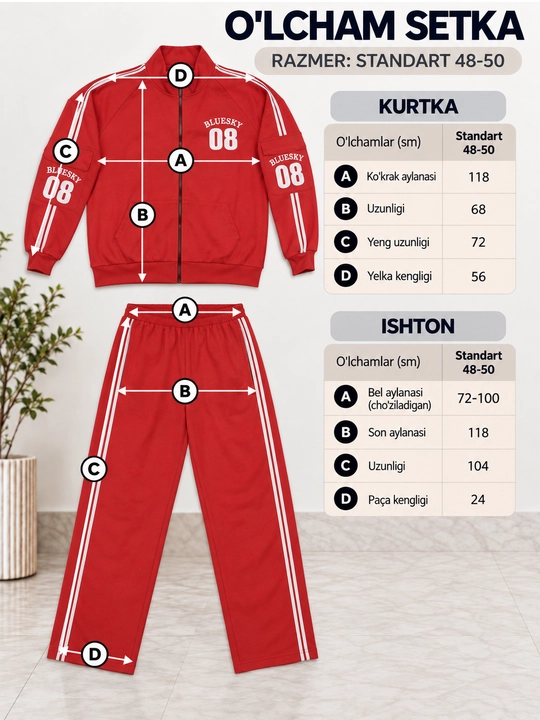 Ayollar sport kostyumi, ikki qisimli razmer standart 48 52