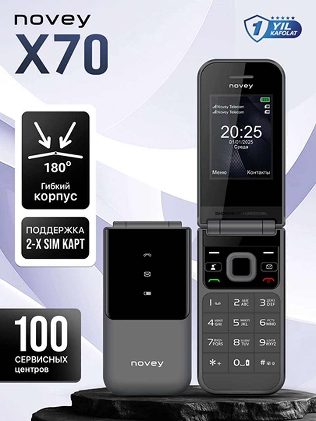 Novey X70 mobil telefon-raskladushka, 2 SIM, kamerasiz, knopkali