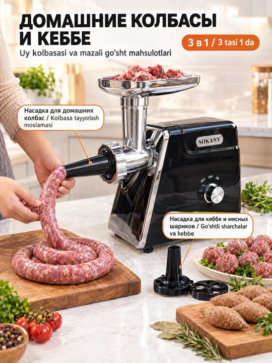 SOKANY SK-06044 elektr go‘sht qiymalagich 2800Vt, qiyma, kolbasa va kebbe uchun