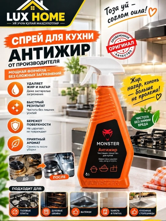 MONSTER Антижир — средство против жира, грязи и пятен на плите, раковине и поверхностях - 