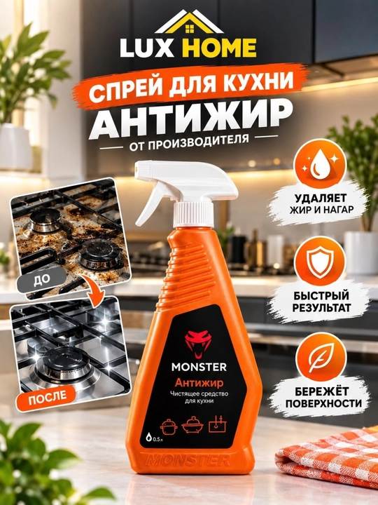 MONSTER Антижир — средство против жира, грязи и пятен на плите, раковине и поверхностях