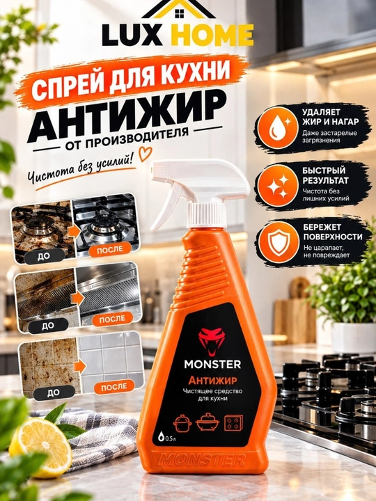 MONSTER Антижир — средство против жира, грязи и пятен на плите, раковине и поверхностях
