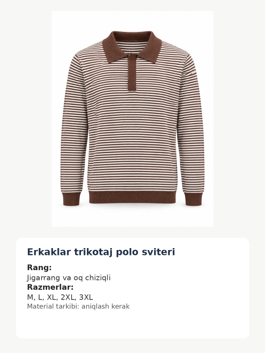 Erkaklar uchun trikotaj polo sviter, jigarrang-oq chiziqli
