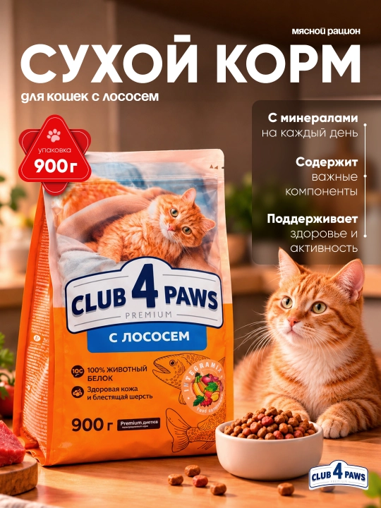 Club 4 Paws сухой корм для кошек, с лососем, 900 г