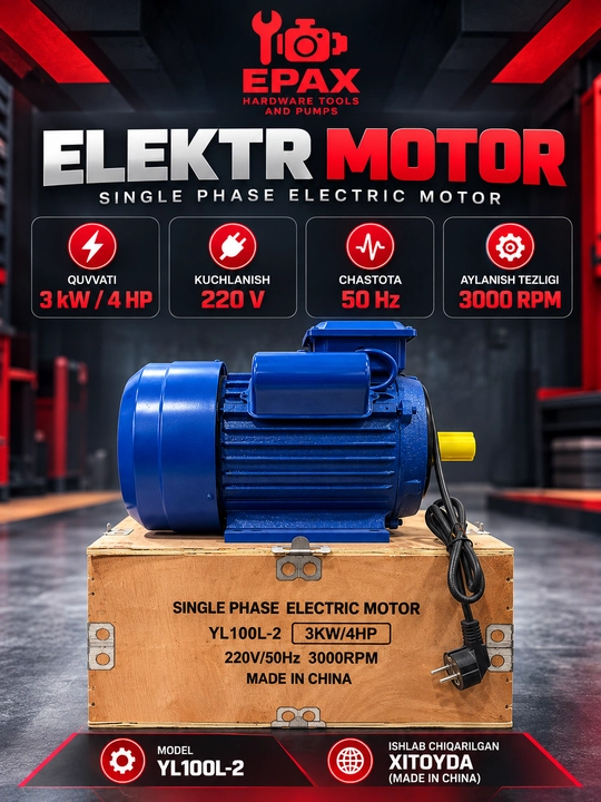 Elektr Dvigatel YL100L-2, 3 kW (4 HP), 220V, Bir Fazali, 3000 RPM - 