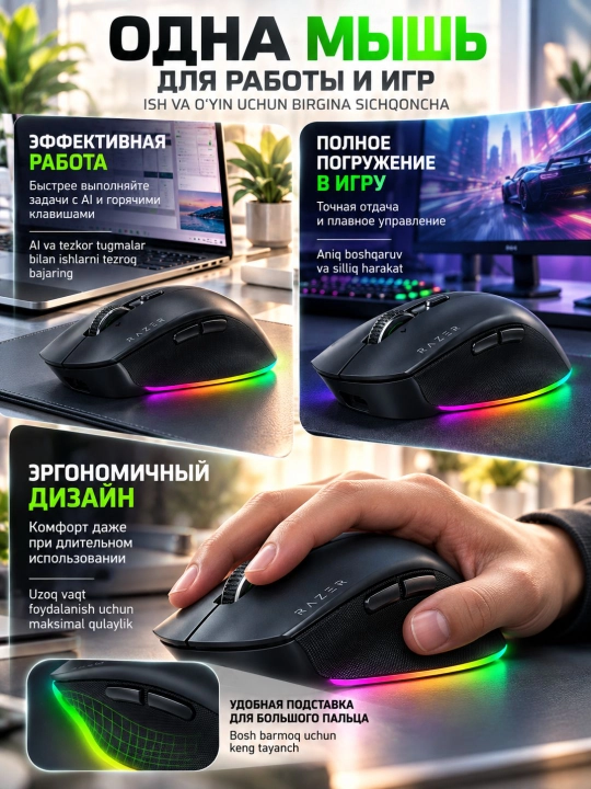 Мышка беспроводная Razer Pro Click V2, 30000 DPI, Bluetooth, 2.4 ГГц, USB-C