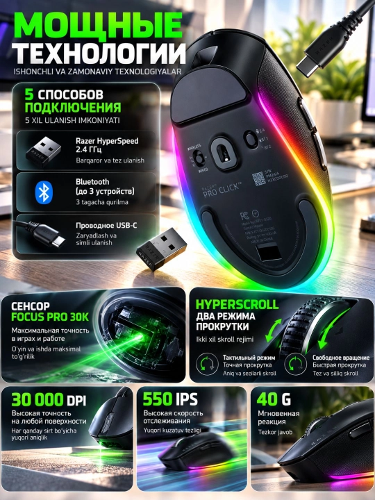 Мышка беспроводная Razer Pro Click V2, 30000 DPI, Bluetooth, 2.4 ГГц, USB-C