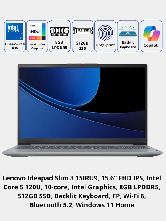 Noutbuk Lenovo Ideapad Slim 3, 15.6” FHD IPS, Intel 5 120U, 8GB LPDDR5, 512GB SSD, Win11 - 