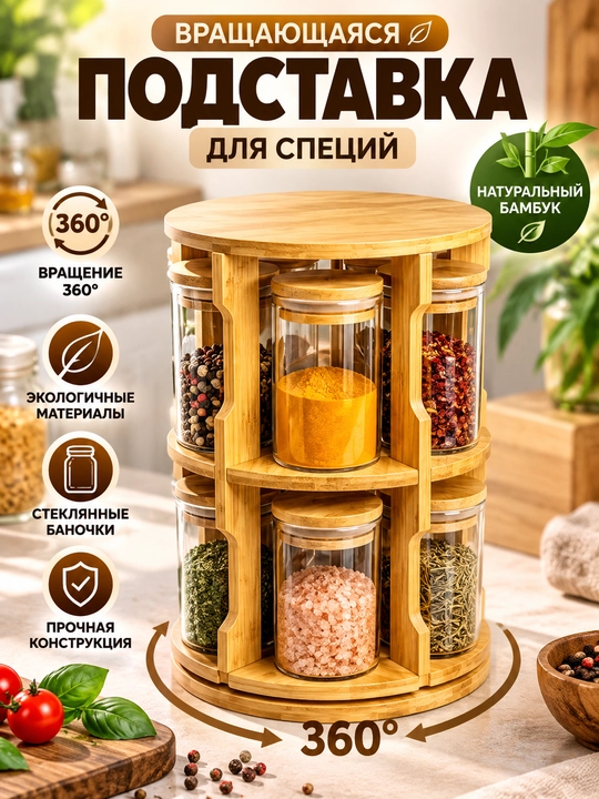 Ziravorlar uchun bankali organayzer, 360° aylanadigan bambuk taglik - 