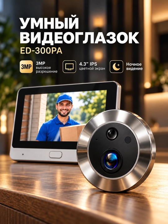 Видеоглазок для входной двери с экраном 4,3 дюйма, Wi-Fi и записью по движению - 