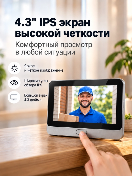 Kirish eshigi uchun videoko‘zcha, 4,3 dyuymli ekran, Wi-Fi, harakat bo‘yicha video yozish