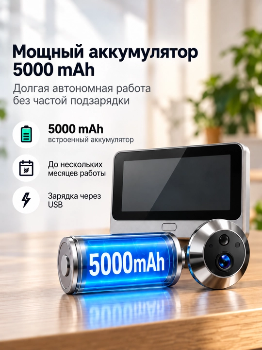 Kirish eshigi uchun videoko‘zcha, 4,3 dyuymli ekran, Wi-Fi, harakat bo‘yicha video yozish