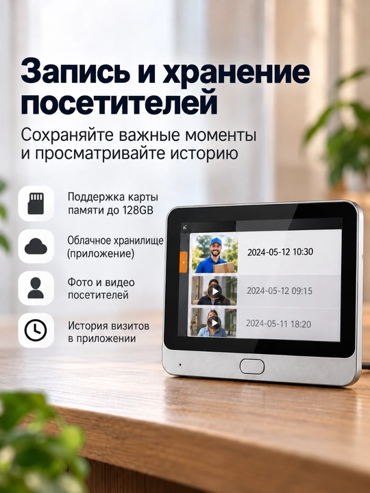 Kirish eshigi uchun videoko‘zcha, 4,3 dyuymli ekran, Wi-Fi, harakat bo‘yicha video yozish