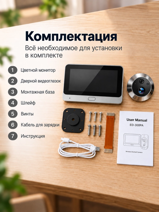 Kirish eshigi uchun videoko‘zcha, 4,3 dyuymli ekran, Wi-Fi, harakat bo‘yicha video yozish