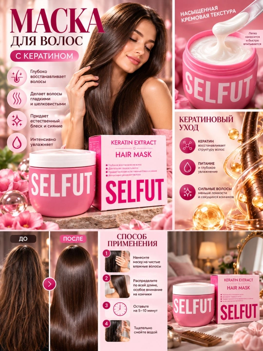 SELFUT Keratin Extract маска для волос, восстанавливающая и увлажняющая маска с кератином