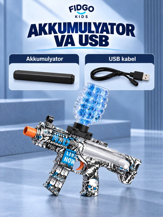 O'yinchoq avtomat AK-47 Orbiz otadigan FIDGO, akkumulyator va himoya ko'zoynagi bilan - 