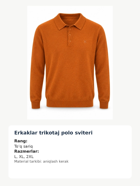Erkaklar uchun trikotaj polo sviter, to‘q sariq