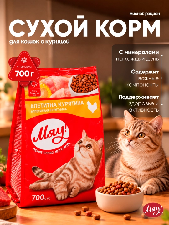 Myau mushuklar uchun quruq yem, tovuq go‘shti bilan, 300 g - 