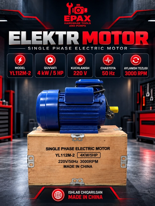 Bir fazali elektr motor YL112M-2, 4 kW / 5 HP, 220 V, 3000 ayl/min - 