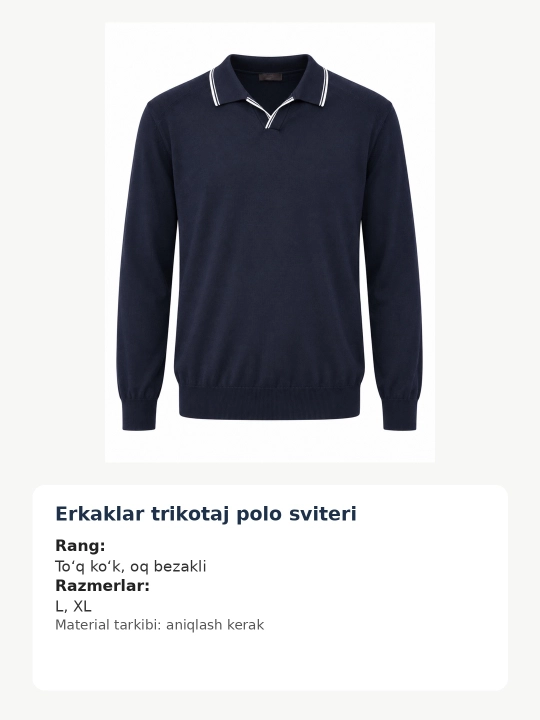Erkaklar uchun to‘q ko‘k rangli polo sviter, yoqasi oq qoplamali