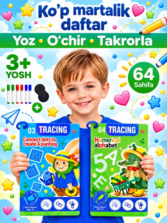Bolalar uchun ko‘p martali sehrli yozuv daftari, 3+ - yozishni o‘rgatish, husnixat