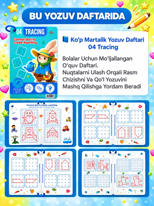 Bolalar uchun ko‘p martali sehrli yozuv daftari, 3+ - yozishni o‘rgatish, husnixat