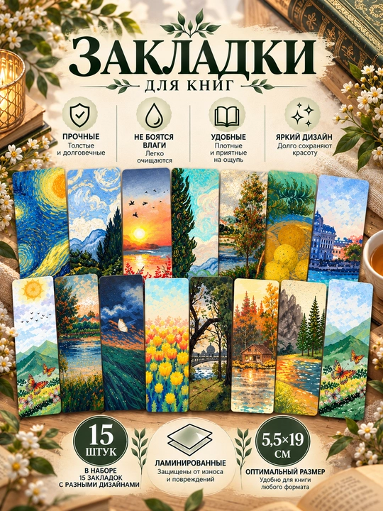 Bookmark kitoblar uchun zakladkalar, xatcho'plar 5 dona, 5.5×19sm, laminatsiyalangan - 