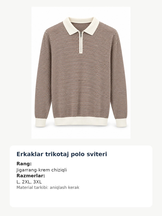 Erkaklar uchun fermuarli trikotaj polo, jigarrang-krem chiziqli