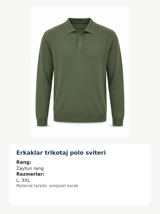 Erkaklar uchun trikotaj polo sviter, zaytun rang