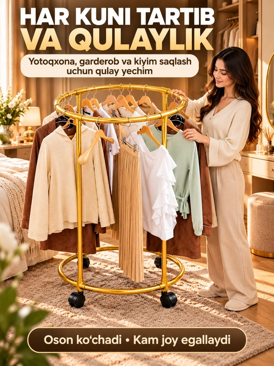 Вешалка для одежды, круглая напольная модель на колесах 75×130 см